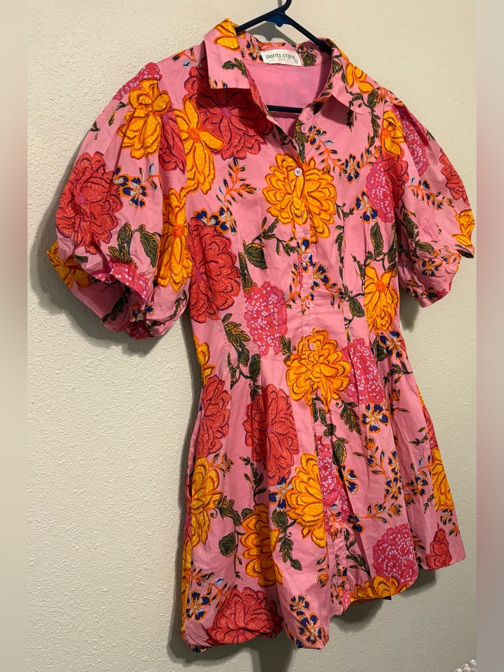 Pants Store Floral Pink Puff-Sleeve Button Front Dress
